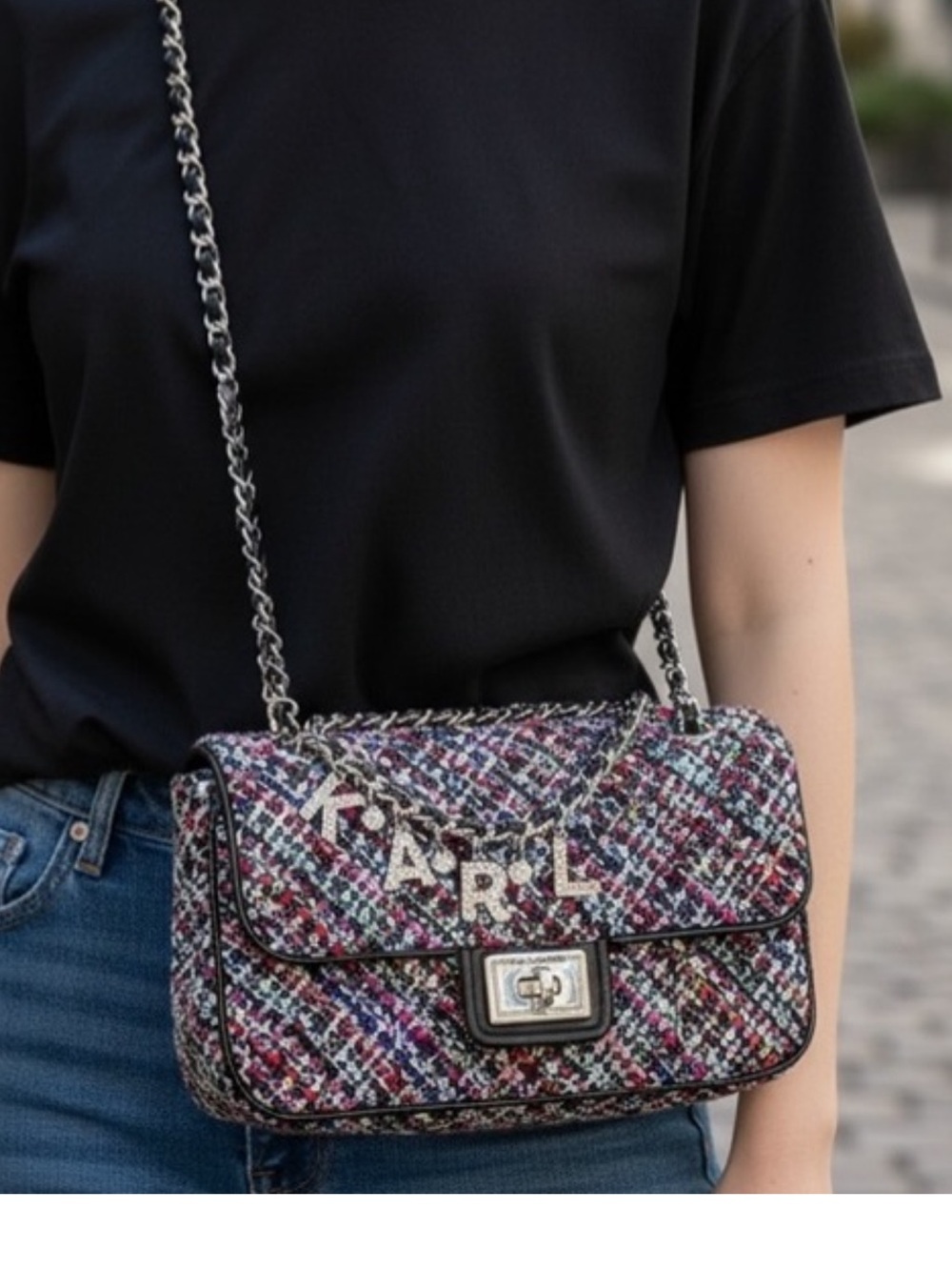 Karl Lagerfeld Multicolor Tweed Chain Shoulder Bag